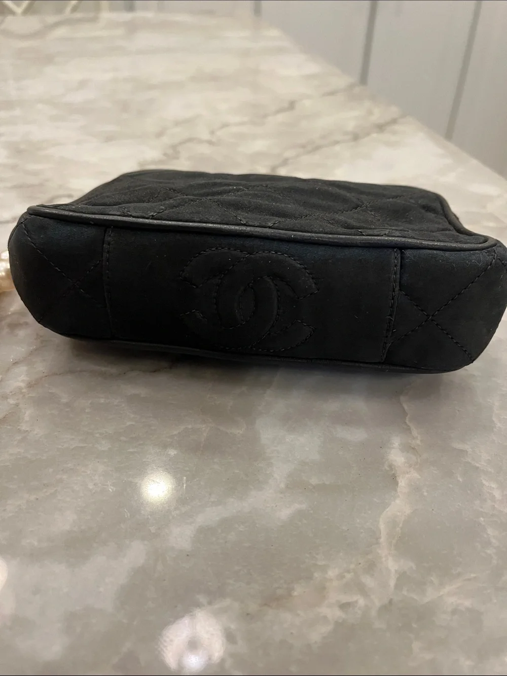 Black Satin Authentic Chanel Evening Bag with faux pearl strap.